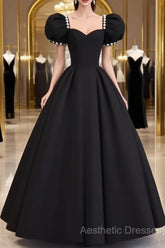 Vintage Ball Gown Sweetheart Satin Black Long Evening Prom Dresses Formal Dresses